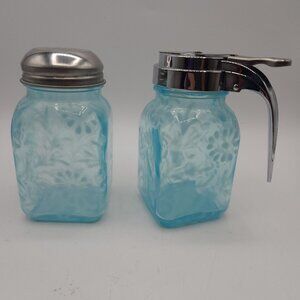 Vintage Daisy Fern Opalescent Sugar Shaker and Syrup 4.5" Tall